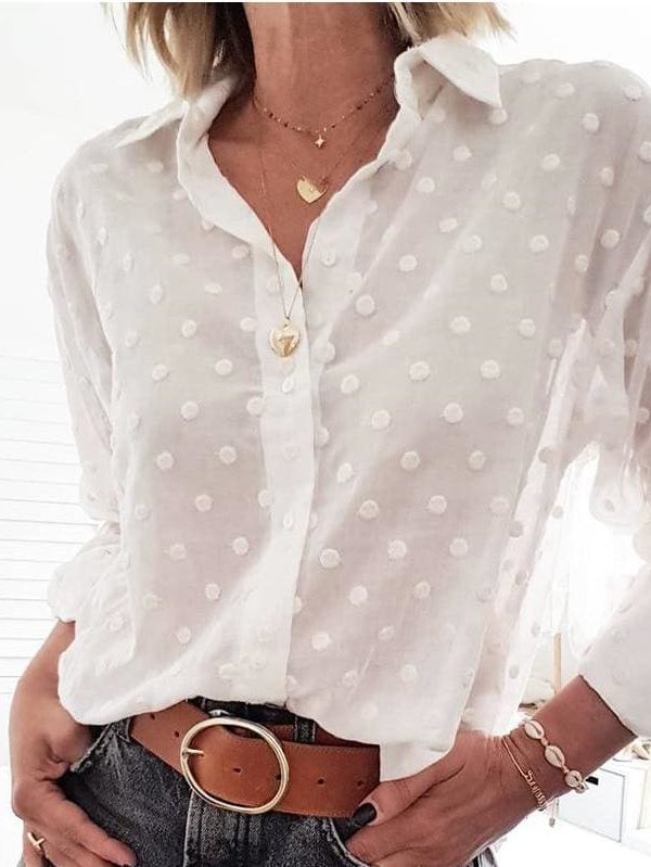 The Best New Fashion Women's Blouse Top Elegant Long Sleeve White OL Shirt Ladies Polka Dot Casual Work Shirts Outwear Online - Source Silk