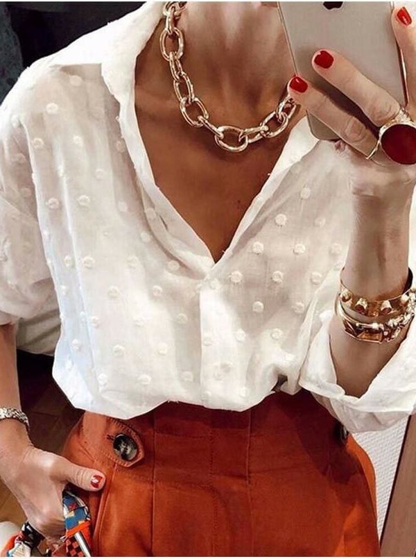 The Best New Fashion Women's Blouse Top Elegant Long Sleeve White OL Shirt Ladies Polka Dot Casual Work Shirts Outwear Online - Source Silk