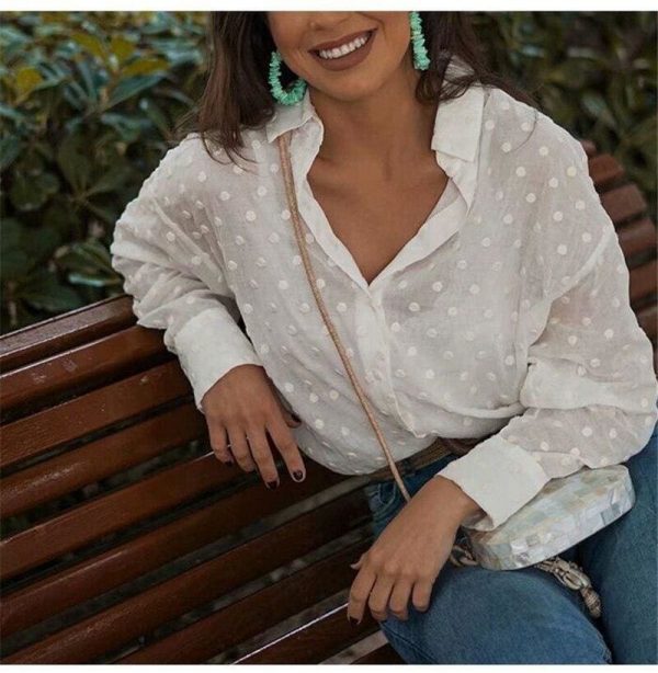 The Best New Fashion Women's Blouse Top Elegant Long Sleeve White OL Shirt Ladies Polka Dot Casual Work Shirts Outwear Online - Source Silk