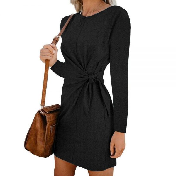 The Best New Fashion Women's Casual Sweatshirt Long Sleeve Crew Neck Lace-Up Autumn Winter Dress Elegant Ladies Bodycon T-Shirt Dress Online - Source Silk