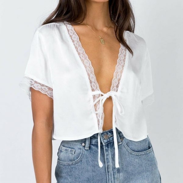 The Best New Fashion Women's Lace Silk Satin Short Sleeve White Casual Crop Top Shirts Summer Sexy Ladies Blouses Tee Tops Online - Source Silk