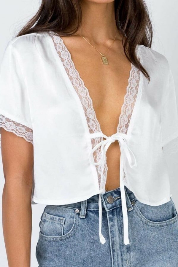 The Best New Fashion Women's Lace Silk Satin Short Sleeve White Casual Crop Top Shirts Summer Sexy Ladies Blouses Tee Tops Online - Source Silk