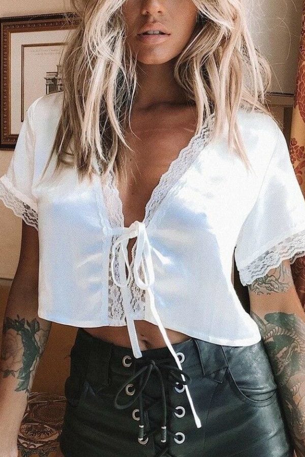 The Best New Fashion Women's Lace Silk Satin Short Sleeve White Casual Crop Top Shirts Summer Sexy Ladies Blouses Tee Tops Online - Source Silk