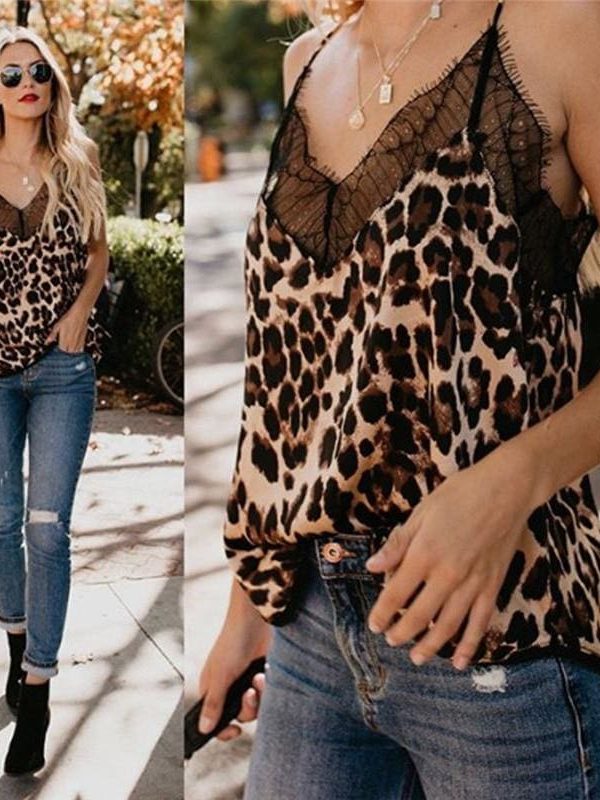 The Best New Fashion Womens Summer Tops Lace Leopard Patchwork Crop Tank Tops Online - Takalr