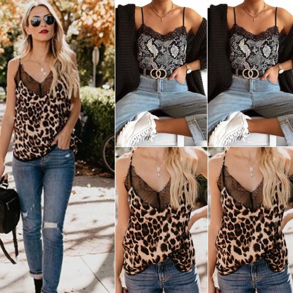 The Best New Fashion Womens Summer Tops Lace Leopard Patchwork Crop Tank Tops Online - Takalr