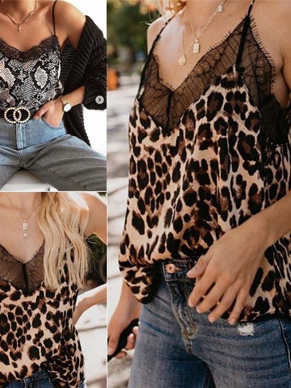 The Best New Fashion Womens Summer Tops Lace Leopard Patchwork Crop Tank Tops Online - Takalr