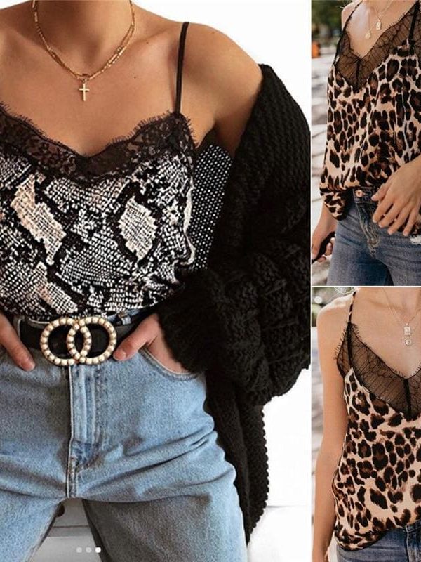 The Best New Fashion Womens Summer Tops Lace Leopard Patchwork Crop Tank Tops Online - Takalr