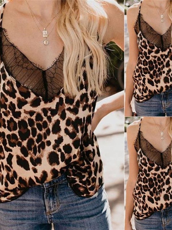 The Best New Fashion Womens Summer Tops Lace Leopard Patchwork Crop Tank Tops Online - Takalr