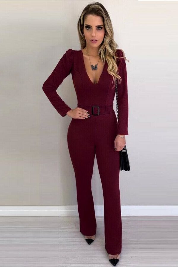 The Best New Hot Women V Neck Bodycon Jumpsuit Loose Wide Leg Pants Suit Playsuit Autumn Casual OL Ladies Workout Jumpsuit Clothes Online - Source Silk