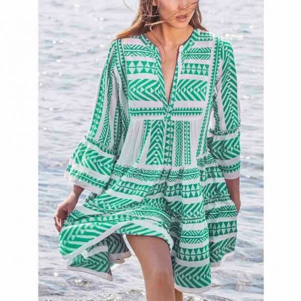 The Best New Ladies Women Fashion Boho Summer Smock Swing Dress Tops Holiday Beach Casual V Neck Loose Frill Sundress Online - Source Silk