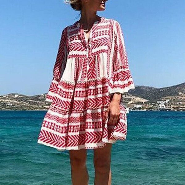 The Best New Ladies Women Fashion Boho Summer Smock Swing Dress Tops Holiday Beach Casual V Neck Loose Frill Sundress Online - Source Silk