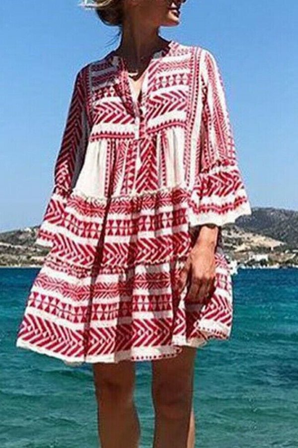 The Best New Ladies Women Fashion Boho Summer Smock Swing Dress Tops Holiday Beach Casual V Neck Loose Frill Sundress Online - Source Silk