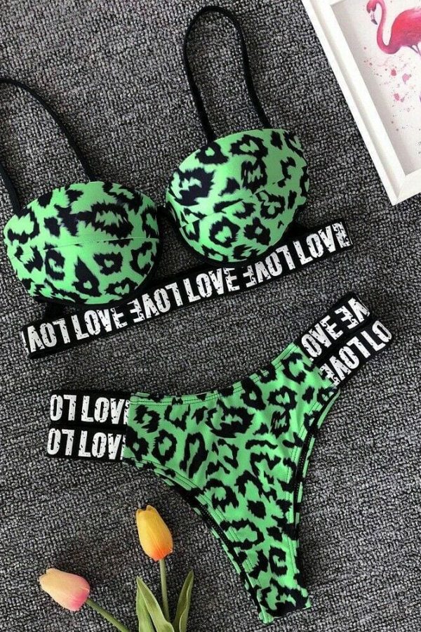 The Best New Sexy Padded Bra Bikini Set Swimsuit Women Letter Push-up Loved Printed Push Up Swimwear Bathing Suit Beachwear Online - Source Silk