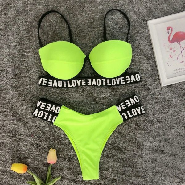 The Best New Sexy Padded Bra Bikini Set Swimsuit Women Letter Push-up Loved Printed Push Up Swimwear Bathing Suit Beachwear Online - Source Silk