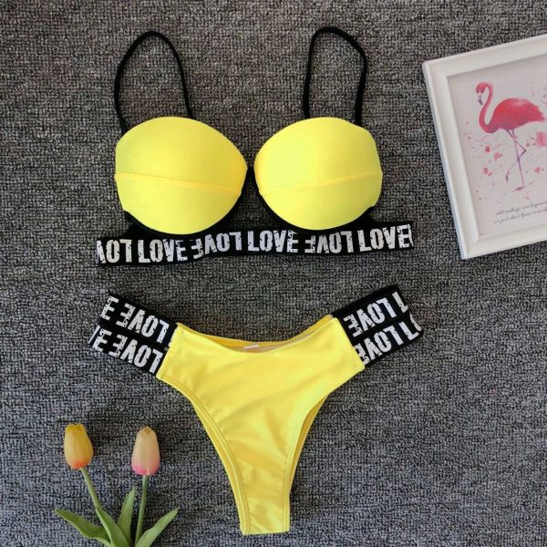 The Best New Sexy Padded Bra Bikini Set Swimsuit Women Letter Push-up Loved Printed Push Up Swimwear Bathing Suit Beachwear Online - Source Silk