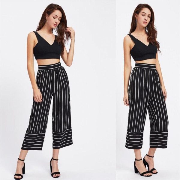 The Best New Summer Women Casual High Waist Bandage Pants Fashion Ladies Striped Wide Leg Loose Long Pants Trousers Online - Takalr