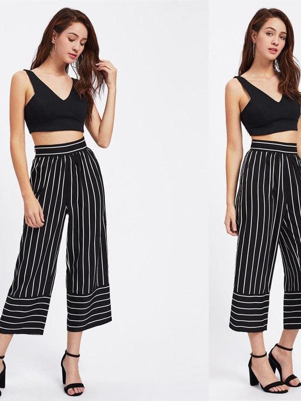 The Best New Summer Women Casual High Waist Bandage Pants Fashion Ladies Striped Wide Leg Loose Long Pants Trousers Online - Takalr