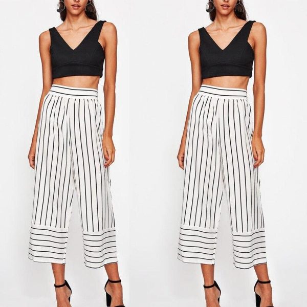 The Best New Summer Women Casual High Waist Bandage Pants Fashion Ladies Striped Wide Leg Loose Long Pants Trousers Online - Takalr