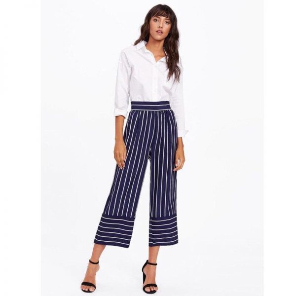 The Best New Summer Women Casual High Waist Bandage Pants Fashion Ladies Striped Wide Leg Loose Long Pants Trousers Online - Takalr