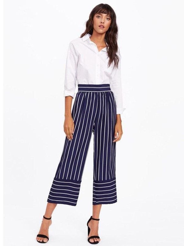 The Best New Summer Women Casual High Waist Bandage Pants Fashion Ladies Striped Wide Leg Loose Long Pants Trousers Online - Takalr