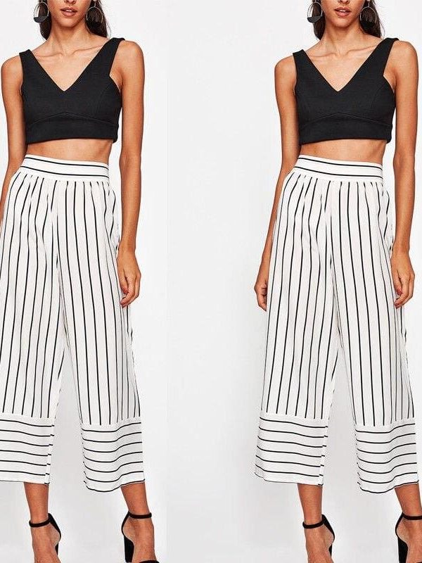 The Best New Summer Women Casual High Waist Bandage Pants Fashion Ladies Striped Wide Leg Loose Long Pants Trousers Online - Takalr