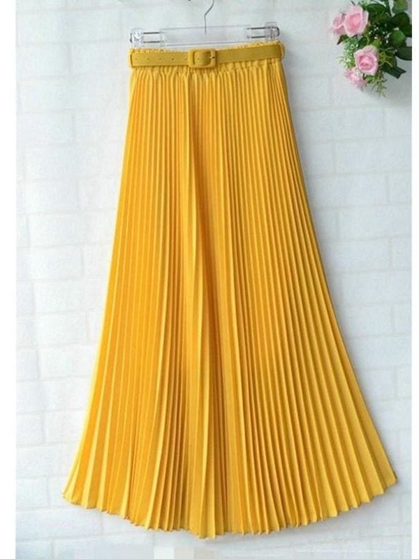 The Best New Summer Women Ladies Elegant Long Skirt Retro Maxi Chiffon High Waist Solid Casual Pleated Beach Long Skirt Sundress Online - Takalr