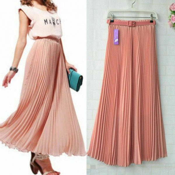 The Best New Summer Women Ladies Elegant Long Skirt Retro Maxi Chiffon High Waist Solid Casual Pleated Beach Long Skirt Sundress Online - Takalr