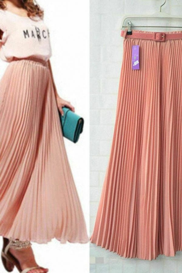 The Best New Summer Women Ladies Elegant Long Skirt Retro Maxi Chiffon High Waist Solid Casual Pleated Beach Long Skirt Sundress Online - Takalr