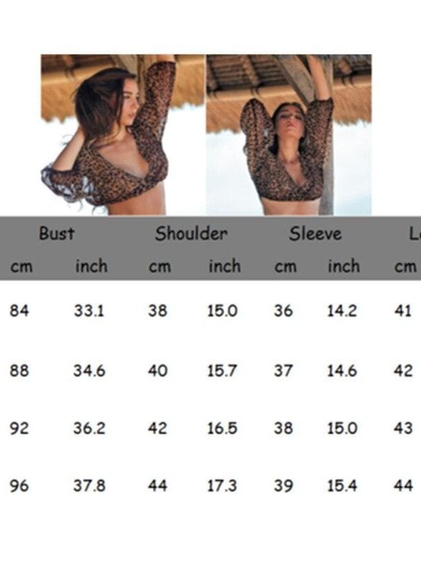 The Best New Summer Women Ladies Leopard Mesh Sheer See-through 3/4 Sleeved Crop Tops Blouse Beachwear Online - Takalr