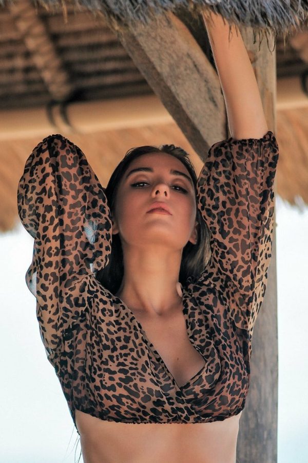 The Best New Summer Women Ladies Leopard Mesh Sheer See-through 3/4 Sleeved Crop Tops Blouse Beachwear Online - Takalr