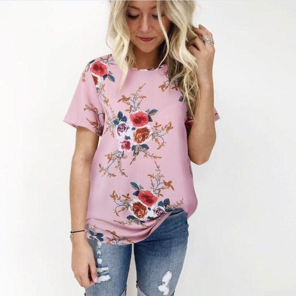 The Best New Summer Women Ladies Tops Floral Print Shirts Elegant Casual Short Sleeve Boho Beach Holiday Loose Crew-neck Shirts Online - Takalr