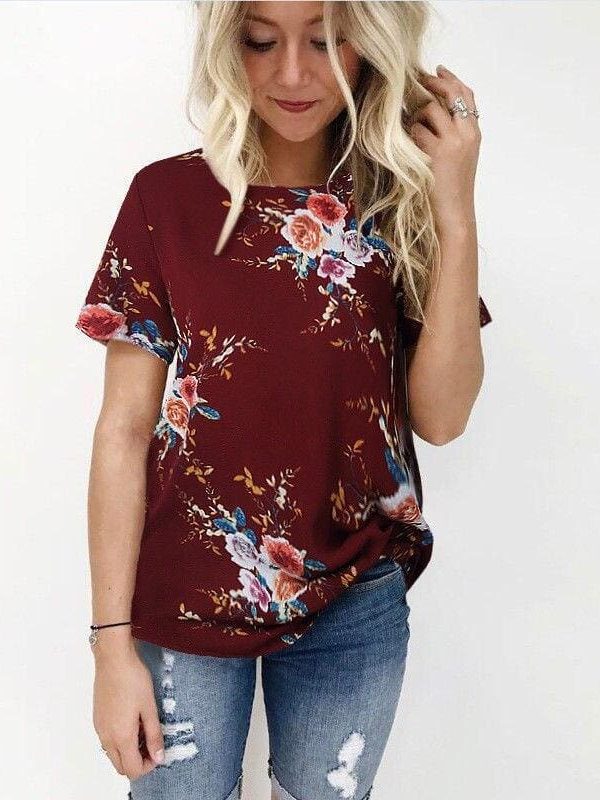 The Best New Summer Women Ladies Tops Floral Print Shirts Elegant Casual Short Sleeve Boho Beach Holiday Loose Crew-neck Shirts Online - Takalr