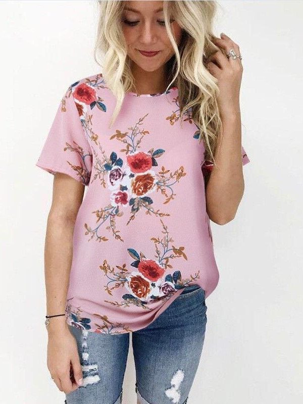 The Best New Summer Women Ladies Tops Floral Print Shirts Elegant Casual Short Sleeve Boho Beach Holiday Loose Crew-neck Shirts Online - Takalr