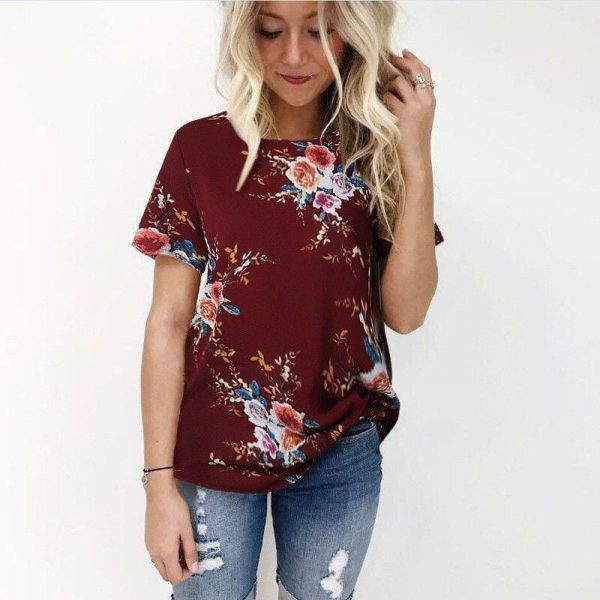 The Best New Summer Women Ladies Tops Floral Print Shirts Elegant Casual Short Sleeve Boho Beach Holiday Loose Crew-neck Shirts Online - Takalr