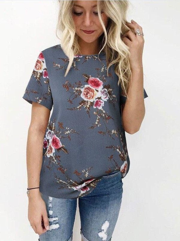 The Best New Summer Women Ladies Tops Floral Print Shirts Elegant Casual Short Sleeve Boho Beach Holiday Loose Crew-neck Shirts Online - Takalr