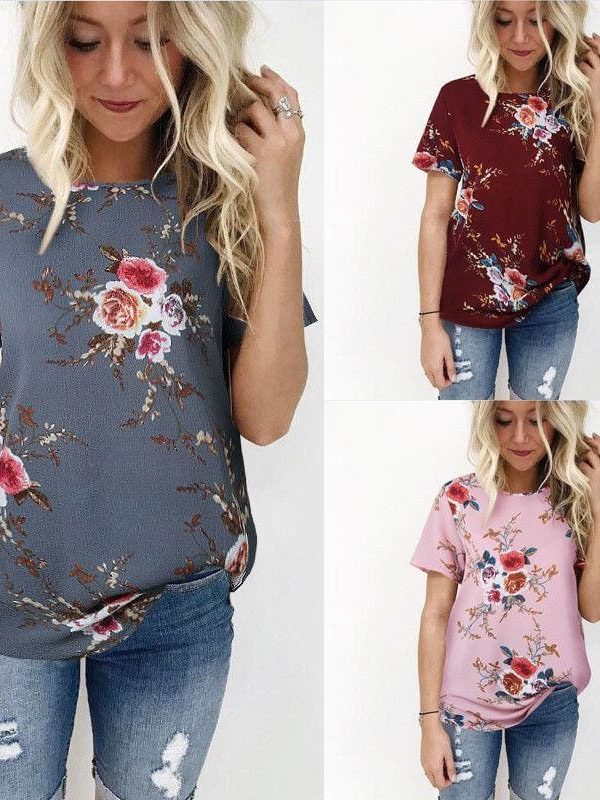 The Best New Summer Women Ladies Tops Floral Print Shirts Elegant Casual Short Sleeve Boho Beach Holiday Loose Crew-neck Shirts Online - Takalr