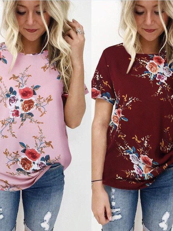 The Best New Summer Women Ladies Tops Floral Print Shirts Elegant Casual Short Sleeve Boho Beach Holiday Loose Crew-neck Shirts Online - Takalr