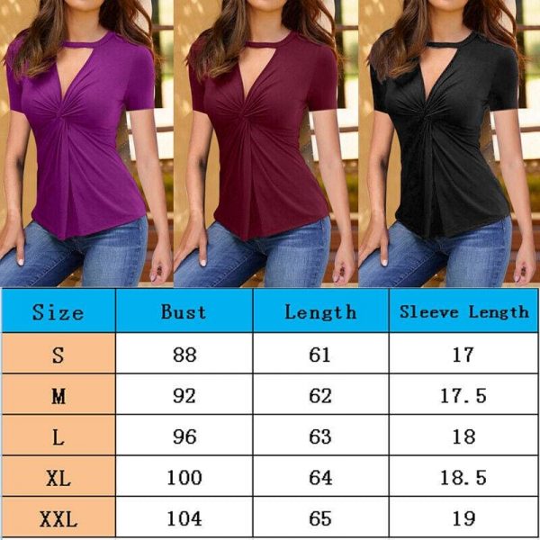 The Best New Summer Women's Slim Fit Short Sleeve Deep V-neck Blouse Top Fashion Ladies Solid Casual Shirts Hot Online - Takalr