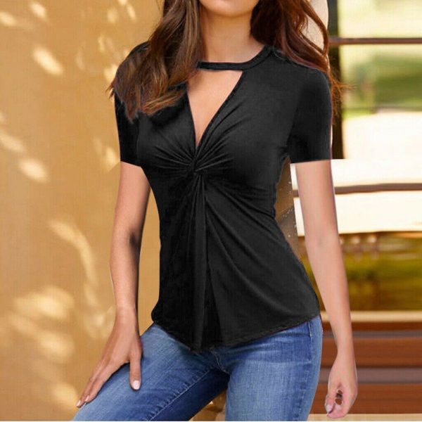 The Best New Summer Women's Slim Fit Short Sleeve Deep V-neck Blouse Top Fashion Ladies Solid Casual Shirts Hot Online - Takalr