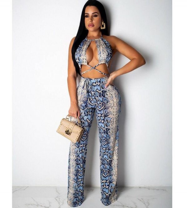 The Best New Women 2 Piece Outfits Snake Print Bandage Sleeveless Backless Lace Crop Tops + Lace Up Loose Long Pants Online - Takalr