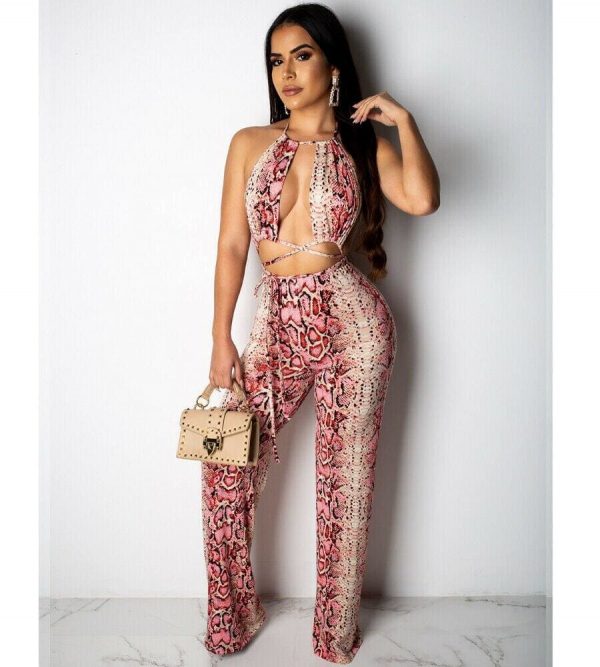 The Best New Women 2 Piece Outfits Snake Print Bandage Sleeveless Backless Lace Crop Tops + Lace Up Loose Long Pants Online - Takalr