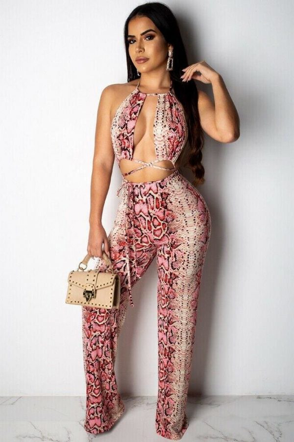 The Best New Women 2 Piece Outfits Snake Print Bandage Sleeveless Backless Lace Crop Tops + Lace Up Loose Long Pants Online - Takalr