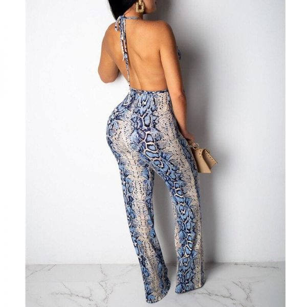 The Best New Women 2 Piece Outfits Snake Print Bandage Sleeveless Backless Lace Crop Tops + Lace Up Loose Long Pants Online - Takalr