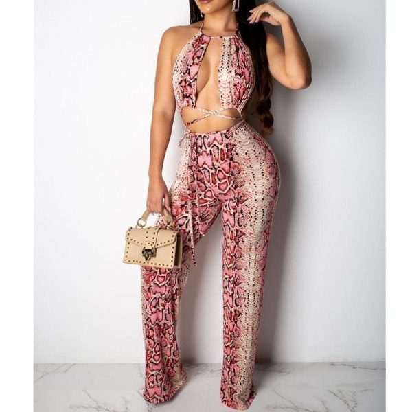 The Best New Women 2 Piece Outfits Snake Print Bandage Sleeveless Backless Lace Crop Tops + Lace Up Loose Long Pants Online - Takalr