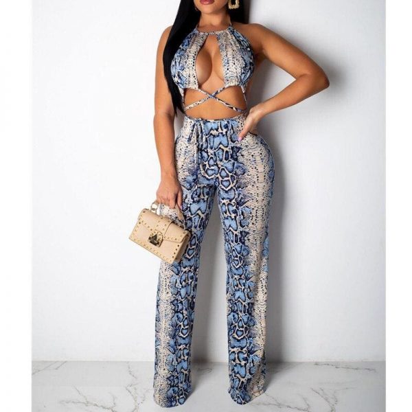 The Best New Women 2 Piece Outfits Snake Print Bandage Sleeveless Backless Lace Crop Tops + Lace Up Loose Long Pants Online - Takalr