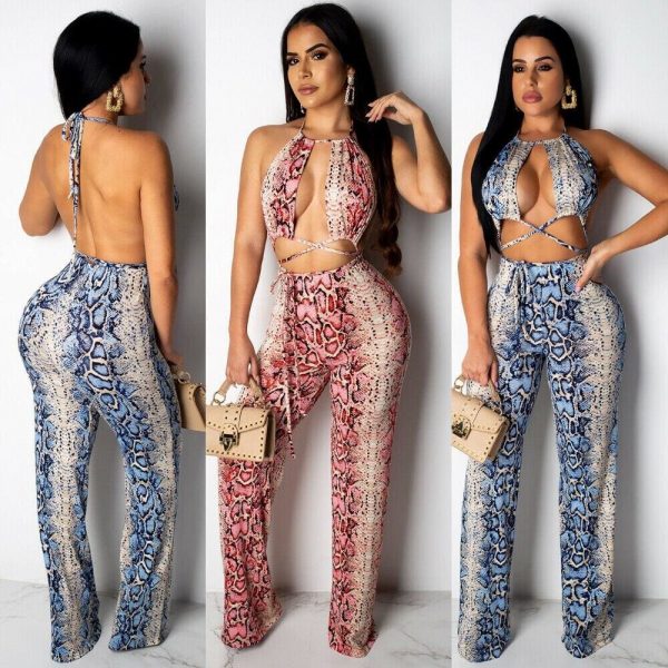 The Best New Women 2 Piece Outfits Snake Print Bandage Sleeveless Backless Lace Crop Tops + Lace Up Loose Long Pants Online - Takalr