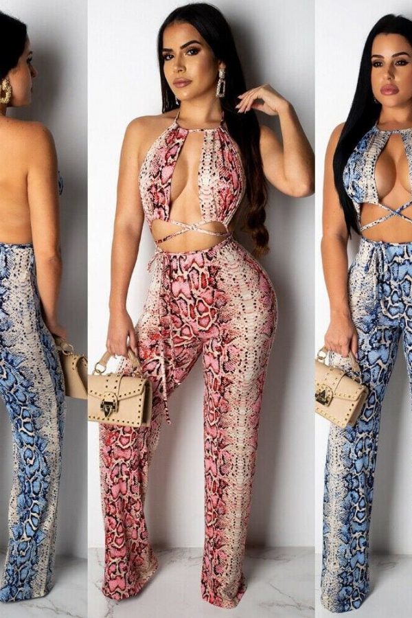 The Best New Women 2 Piece Outfits Snake Print Bandage Sleeveless Backless Lace Crop Tops + Lace Up Loose Long Pants Online - Takalr