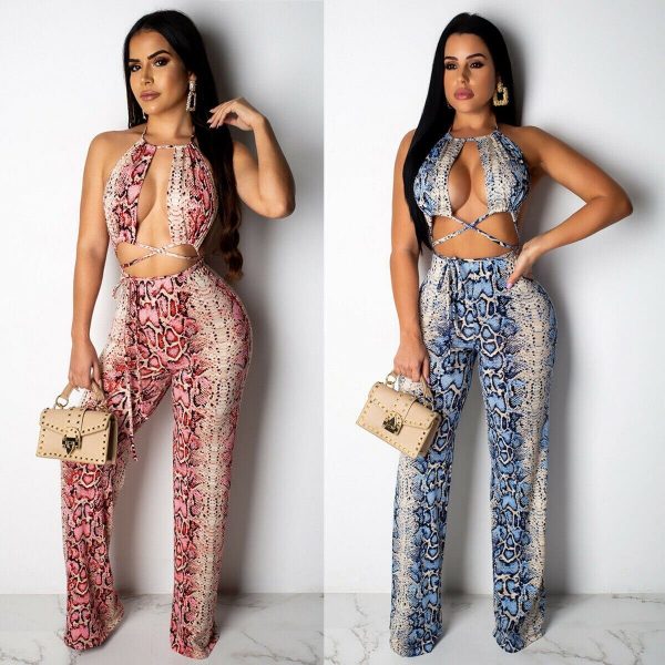 The Best New Women 2 Piece Outfits Snake Print Bandage Sleeveless Backless Lace Crop Tops + Lace Up Loose Long Pants Online - Takalr