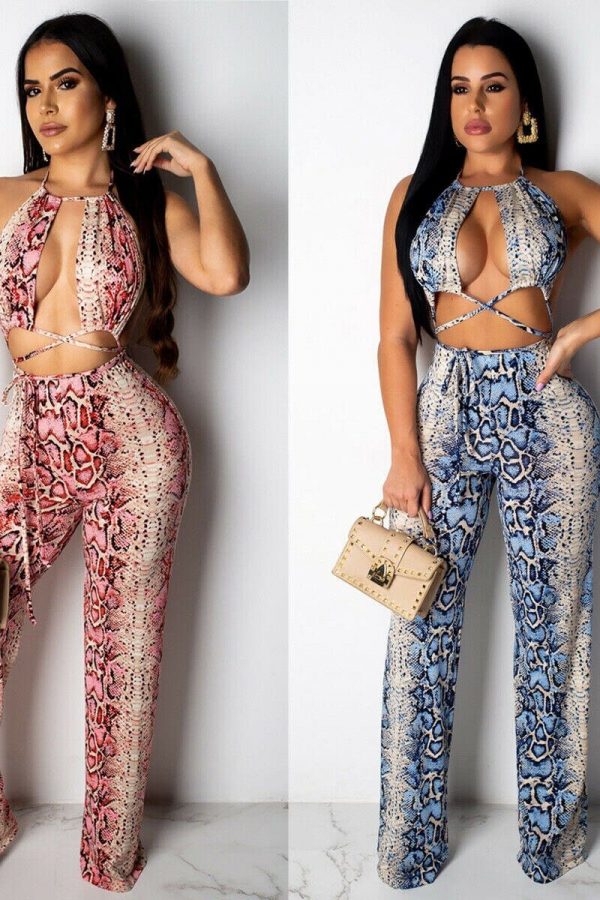 The Best New Women 2 Piece Outfits Snake Print Bandage Sleeveless Backless Lace Crop Tops + Lace Up Loose Long Pants Online - Takalr