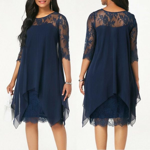 The Best New Women 3/4 Sleeve Causal Loose Lace Evening Formal Dress Elegant Office Ladies Summer Party Beach Holiday Sundress Online - Takalr